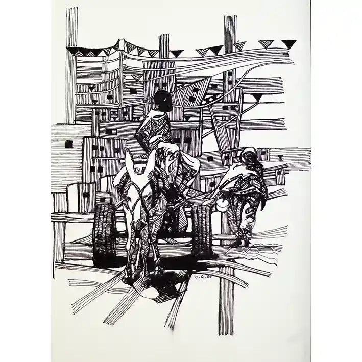 Neighbourhood black and white ink drawing by Obada Gabir showing boy in donkey cart with woman walking in urban street scene