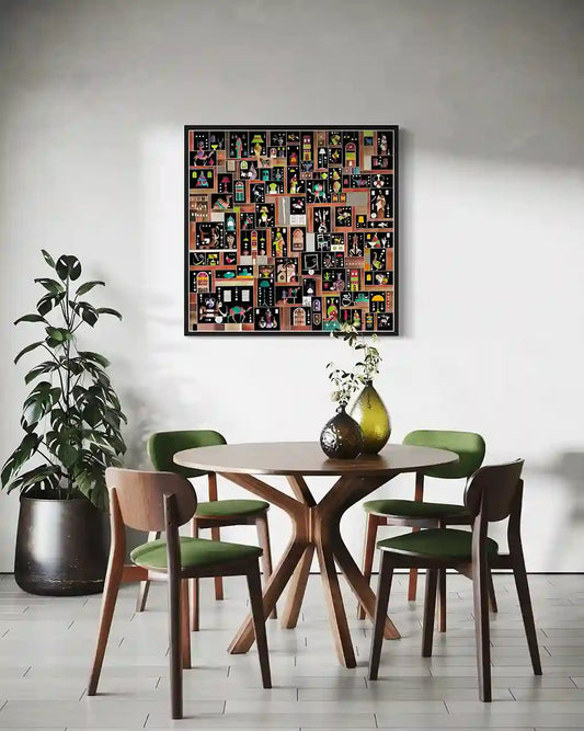 Night Lights 2 by Gungalito framed above dining table illuminated grid art figures animals Middle Eastern home decor style