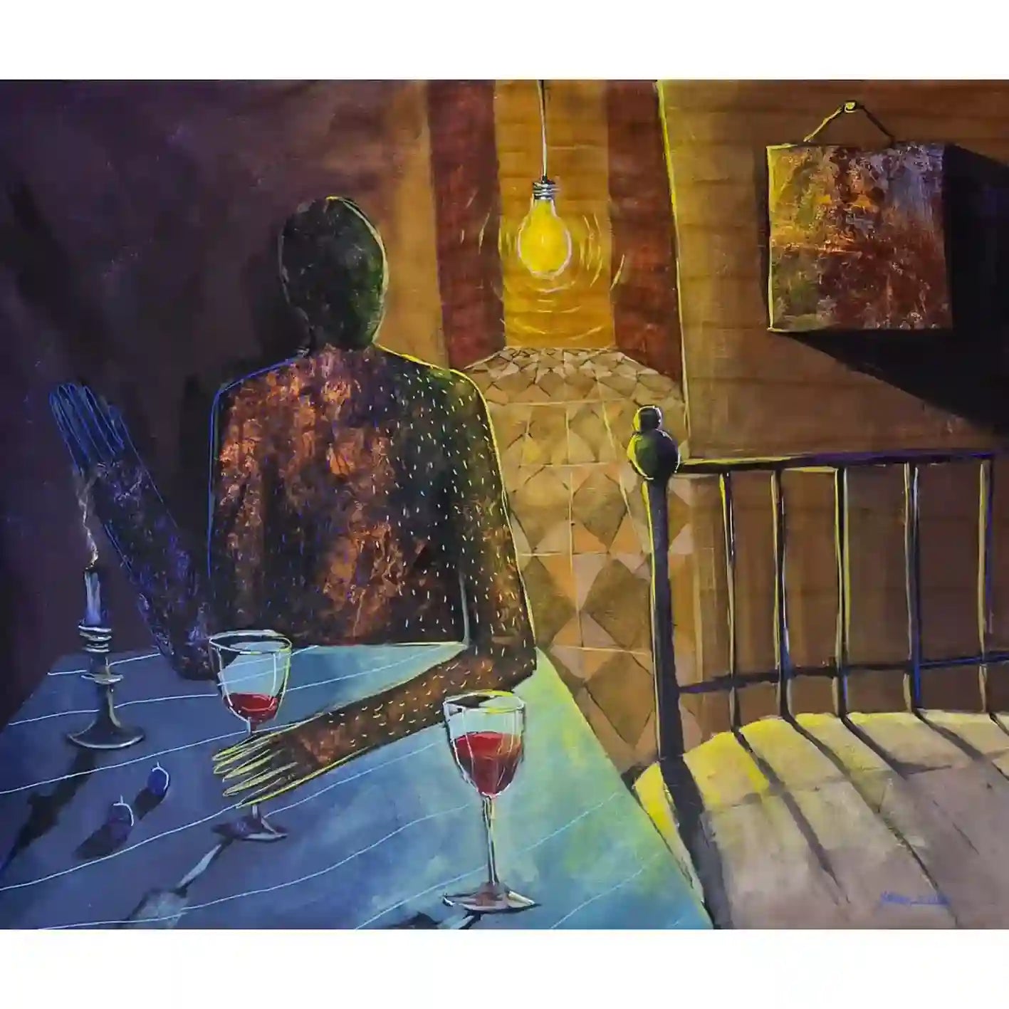 Acrylic painting by Yasmeen Abdullah: solitary figure at table with wine glasses, warm lighting, melancholic atmosphere