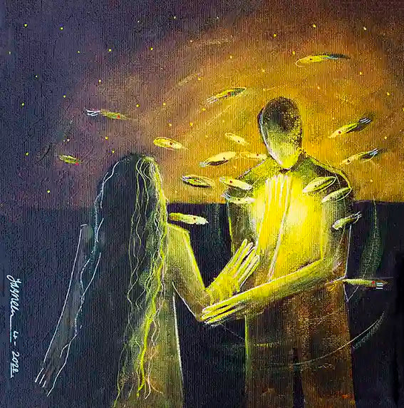 Contemporary art print "Nothing but Light" by Yasmeen Abdullah showing luminous figure with golden glow and floating elements