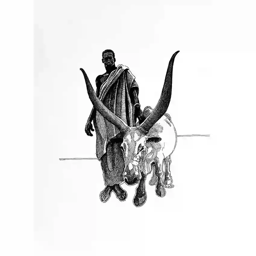 Nuba Herder black and white art print by Obada Gabir - detailed pen and ink illustration featuring dynamic figure composition