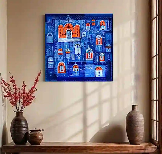 Nubian doors artwork in blue and orange tones displayed on wall above wooden table with ceramic vases and dried flowers.