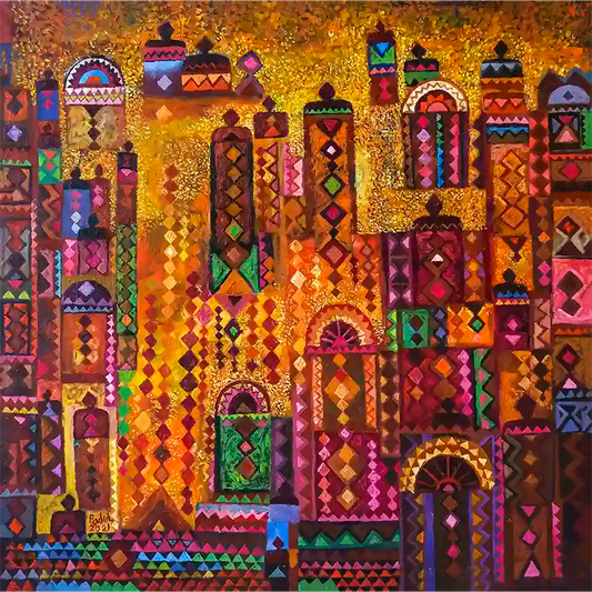 Colorful geometric artwork showing Nubian doors and windows in gold, red, green, and blue with diamond and zigzag patterns.