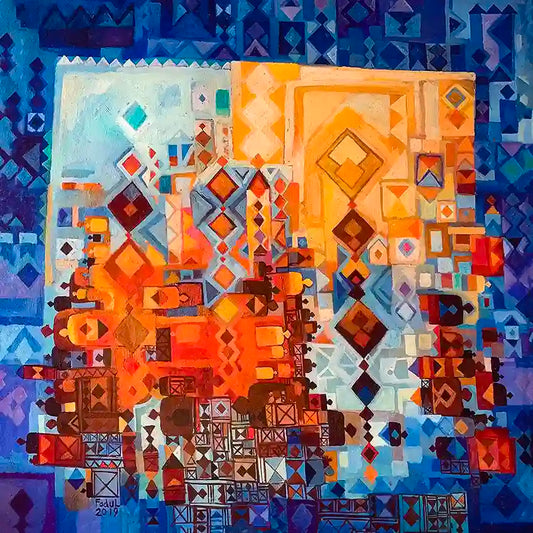 Abstract geometric artwork with fragmented Nubian door motifs in blue, orange, and earth tones with diamond patterns.