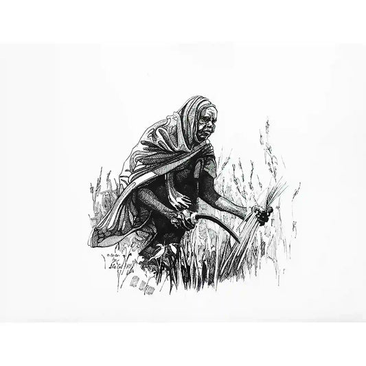 Among the Grasses ink painting by Obada Gabir showing Sudanese woman in traditional dress cutting grass with sickle