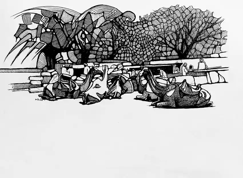 Camel Caravan ink painting by Obada Gabir showing desert travelers resting under gnarled trees, black and white artwork