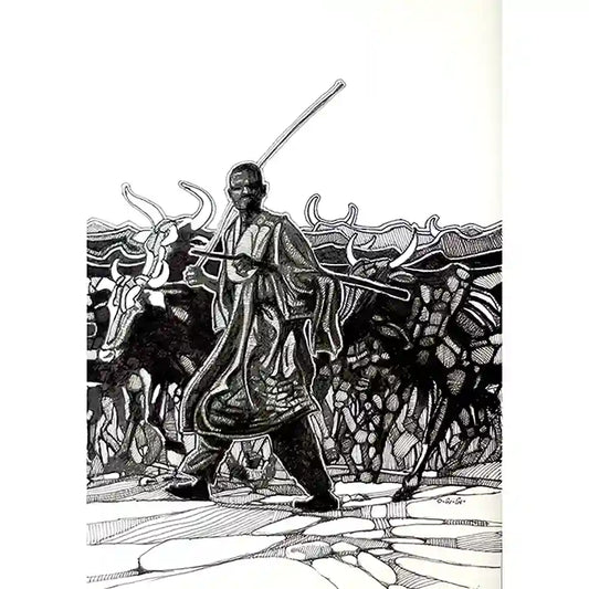 The Cattle Herder ink painting by Sudanese artist Obada Gabir showing traditional herder with cattle, black ink on paper