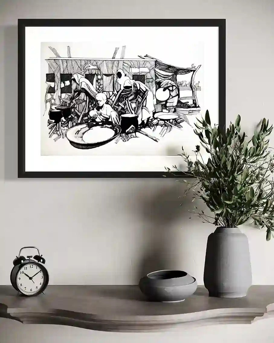 Communal Kitchen by Obada Gabir in black frame on wall with vase and clock, home decor mockup for original artwork