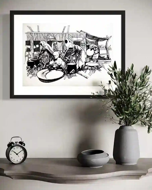 Communal Kitchen by Obada Gabir in black frame on wall with vase and clock, home decor mockup for original artwork