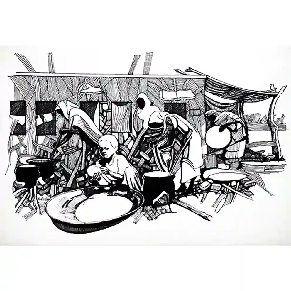 Communal Kitchen ink on paper painting by Obada Gabir showing women cooking together in shared space, black and white artwork