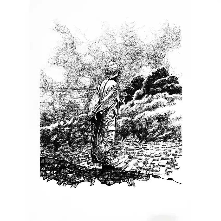 Black and white pen and ink drawing titled Contemplation by artist Obada Gabir, showing figure resting on cliff overlooking cityscape with dramatic clouds and smoke