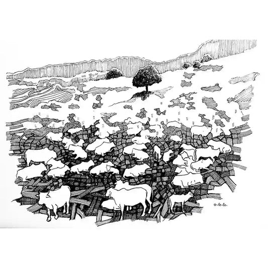 Ink on paper artwork by Obada Gabir titled The Grazing Ground showing cattle grazing on hillside pastoral landscape