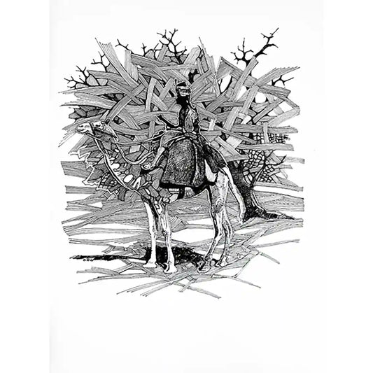 Man From Hajana ink painting by Sudanese artist Obada Gabir showing Hajana tribesman on camel, black ink on paper art