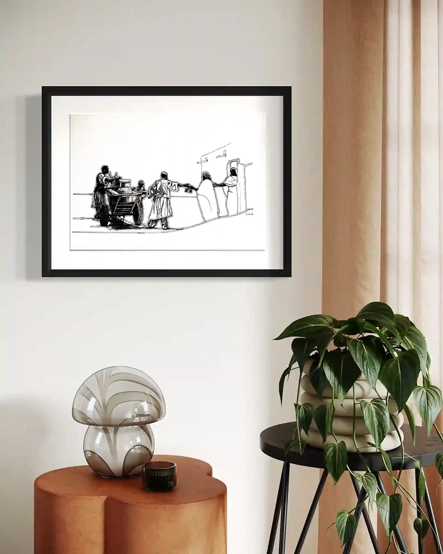 Framed ink painting 'The Milkman' by Obada Gabir on modern wall with plants and decor - wall art mockup display