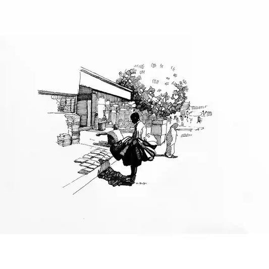 Moment in Time art print by Obada Gabir featuring black and white line drawing of street scene with figures, marketplace, and detailed crosshatch technique