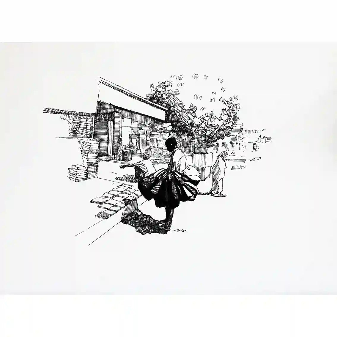 A Moment in Time ink painting by Obada Gabir showing street vendor selling bags browsing books displayed on ground