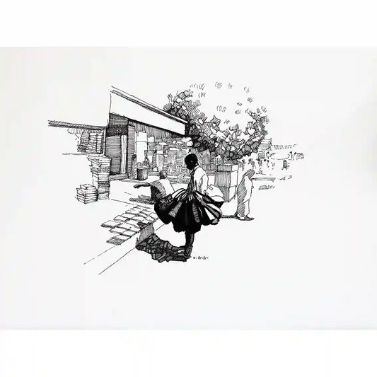 A Moment in Time ink painting by Obada Gabir showing street vendor selling bags browsing books displayed on ground