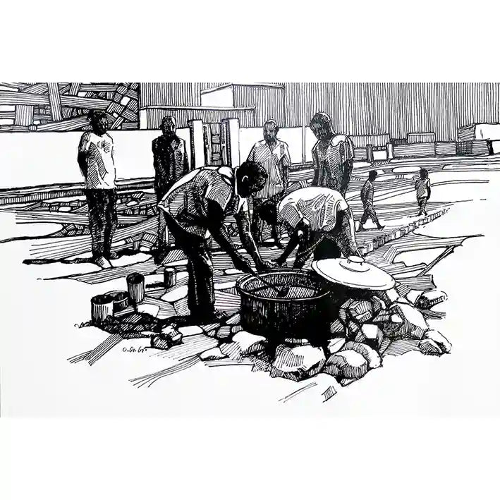 Soup Kitchen ink painting by Obada Gabir showing traditional Sudanese communal cooking scene, original artwork on paper drawing
