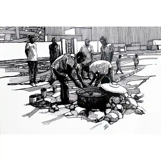 Soup Kitchen ink painting by Obada Gabir showing traditional Sudanese communal cooking scene, original artwork on paper drawing