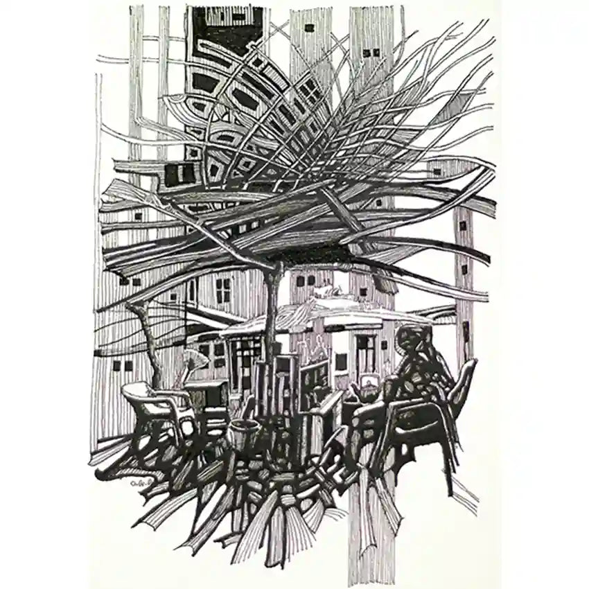 Tea Lady ink painting by Obada Gabir showing Sudanese woman under shelter, original artwork on paper, black and white drawing