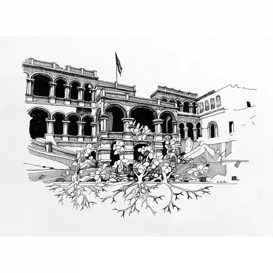 The Peoples Palace art print by Obada Gabir - black and white line drawing of classical palace architecture with arched columns and organic root elements