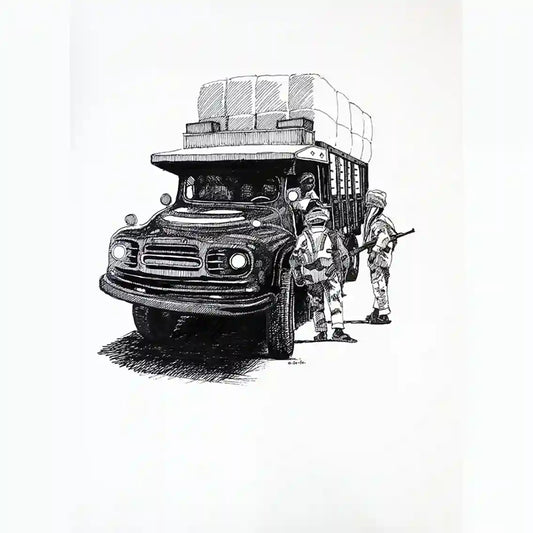 The Stop by Obada Gabir - ink painting on paper showing Bedford truck at military checkpoint with armed guards and passengers