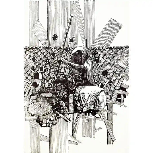 Traditional Kitchen ink painting by Obada Gabir showing Sudanese woman cooking in traditional dress, original art on paper