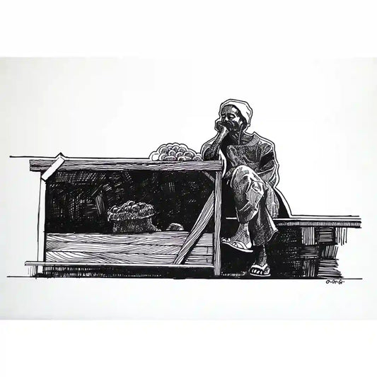 Ink on paper artwork by Obada Gabir titled The Vegetables Seller showing contemplative street vendor beside produce crates