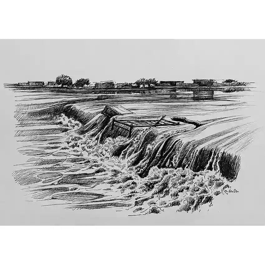 Black and white pen and ink drawing of waterfall landscape by artist Obada Gabir, showing flowing water over rocks with trees and horizon in background