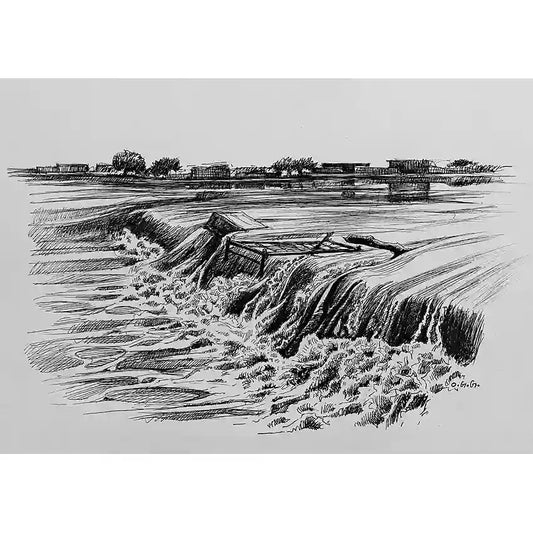 Black and white pen and ink drawing of waterfall landscape by artist Obada Gabir, showing flowing water over rocks with trees and horizon in background