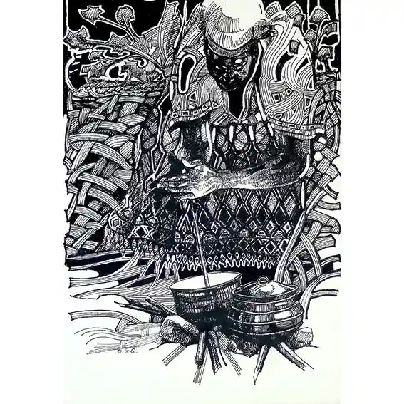 Woman and Cooking Pot ink painting by Obada Gabir showing Sudanese woman cooking, original artwork on paper, kitchen scene art