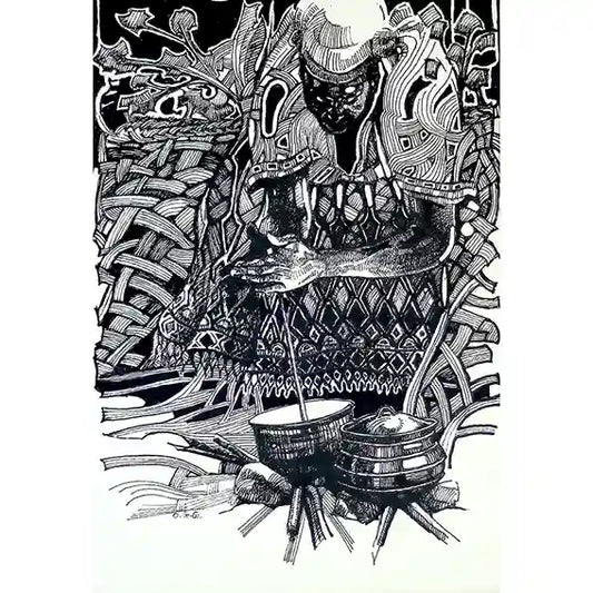 Woman and Cooking Pot ink painting by Obada Gabir showing Sudanese woman cooking, original artwork on paper, kitchen scene art