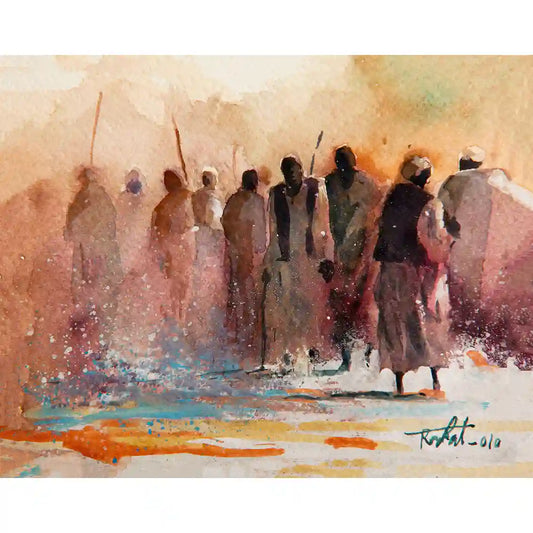 Ochre Rhythms watercolor art print by Rafat Omar showing Sudanese men celebrating, warm earth tones, desert festival scene