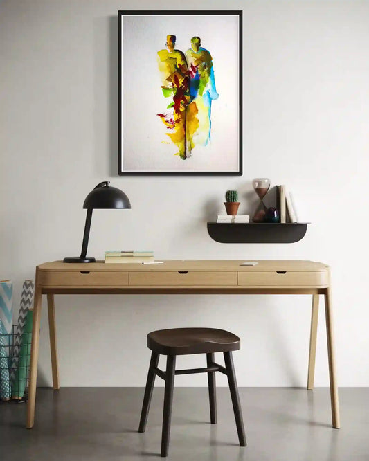 Old Friends art print by Gungalito displayed in black frame above modern desk in minimalist interior home office setting