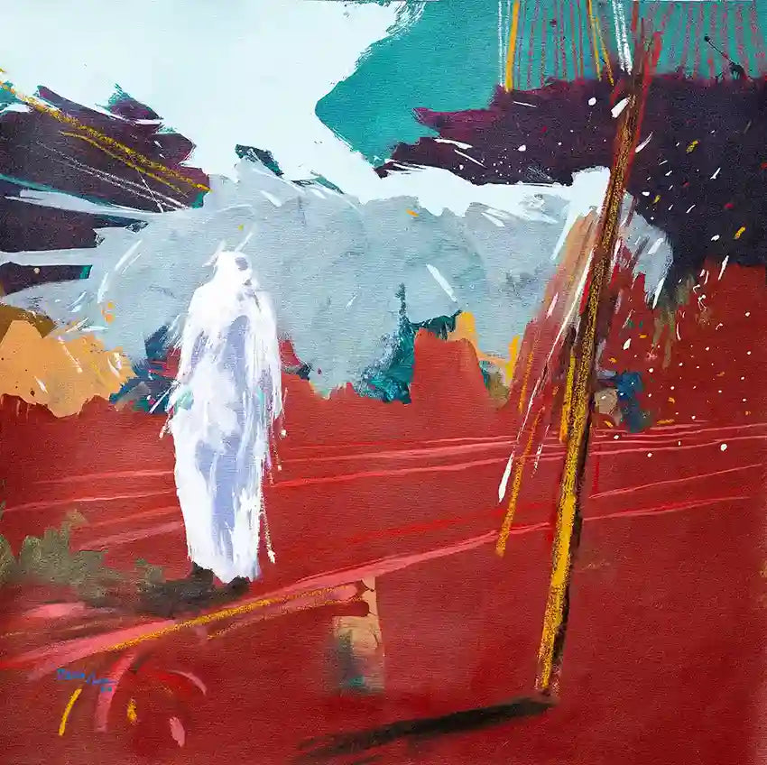 'On The Way Back 3' art print by Bakri Moaz showing white robed figure in red landscape, displacement themed contemporary art