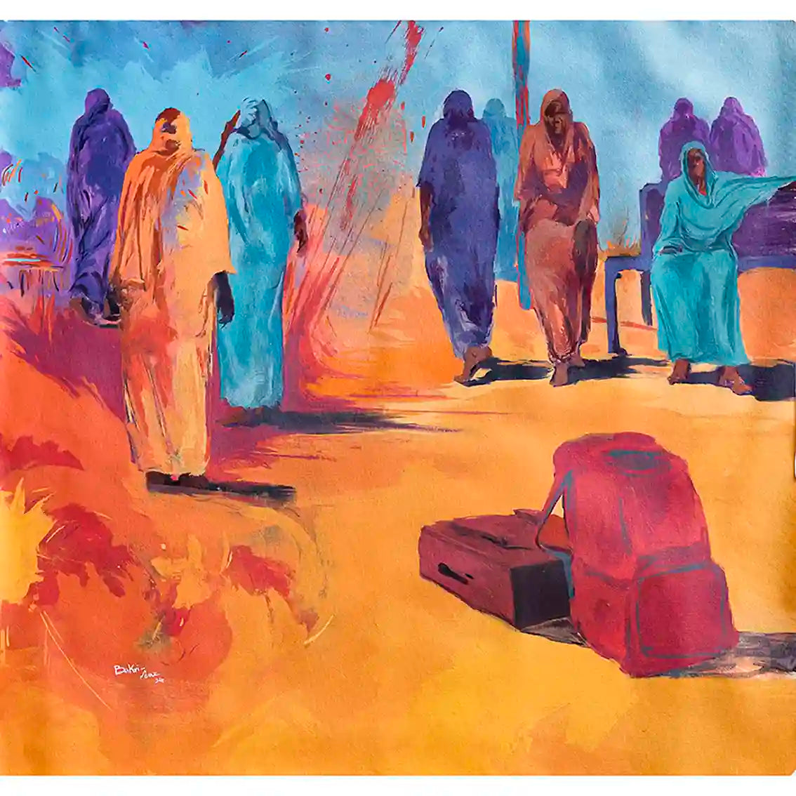 On the Way Back 4 acrylic painting by Bakri Moaz showing displaced people with luggage in vibrant colors