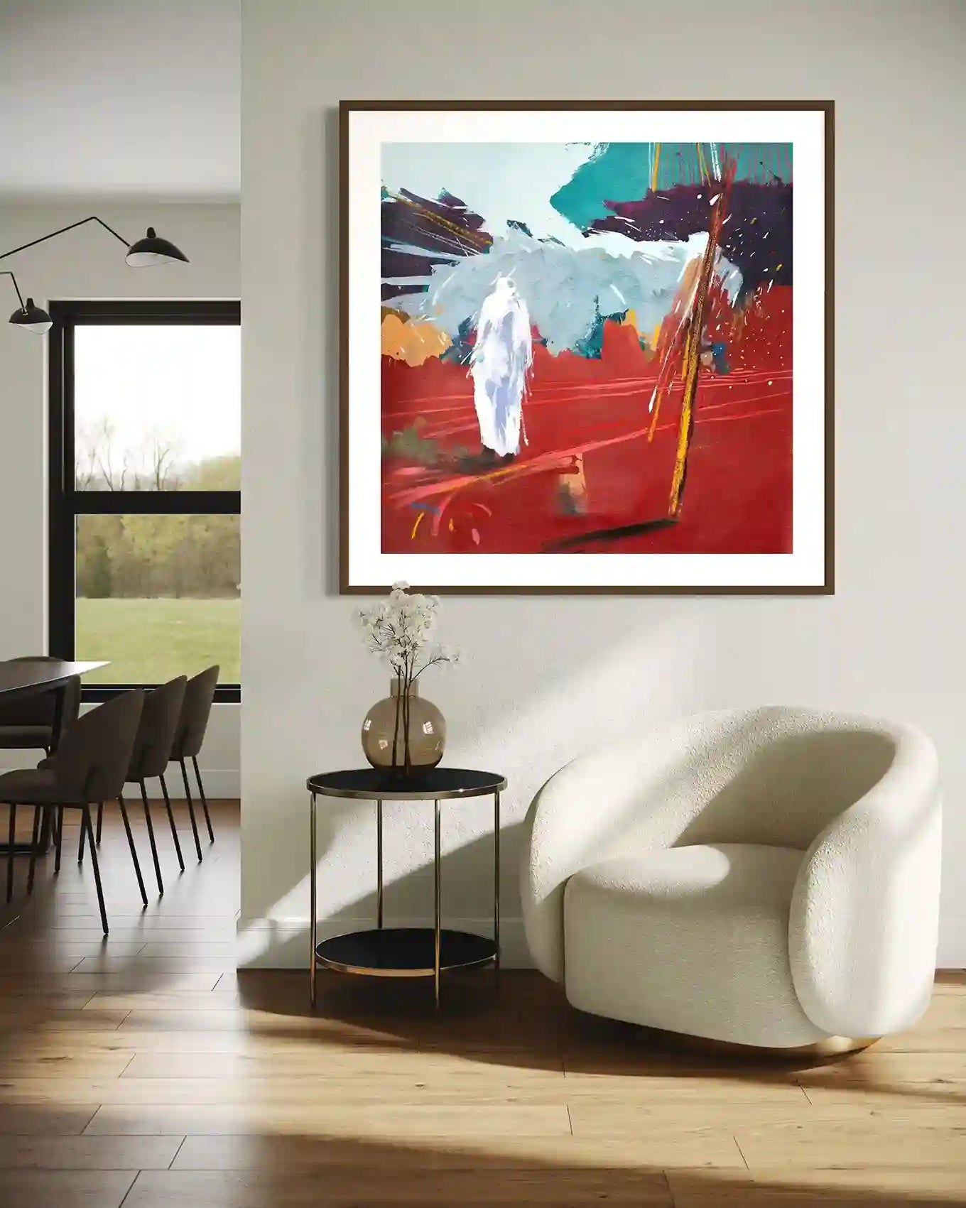 On The Way Back 3 by Bakri Moaz 100x100cm art print mockup in modern living space, displacement themed contemporary artwork