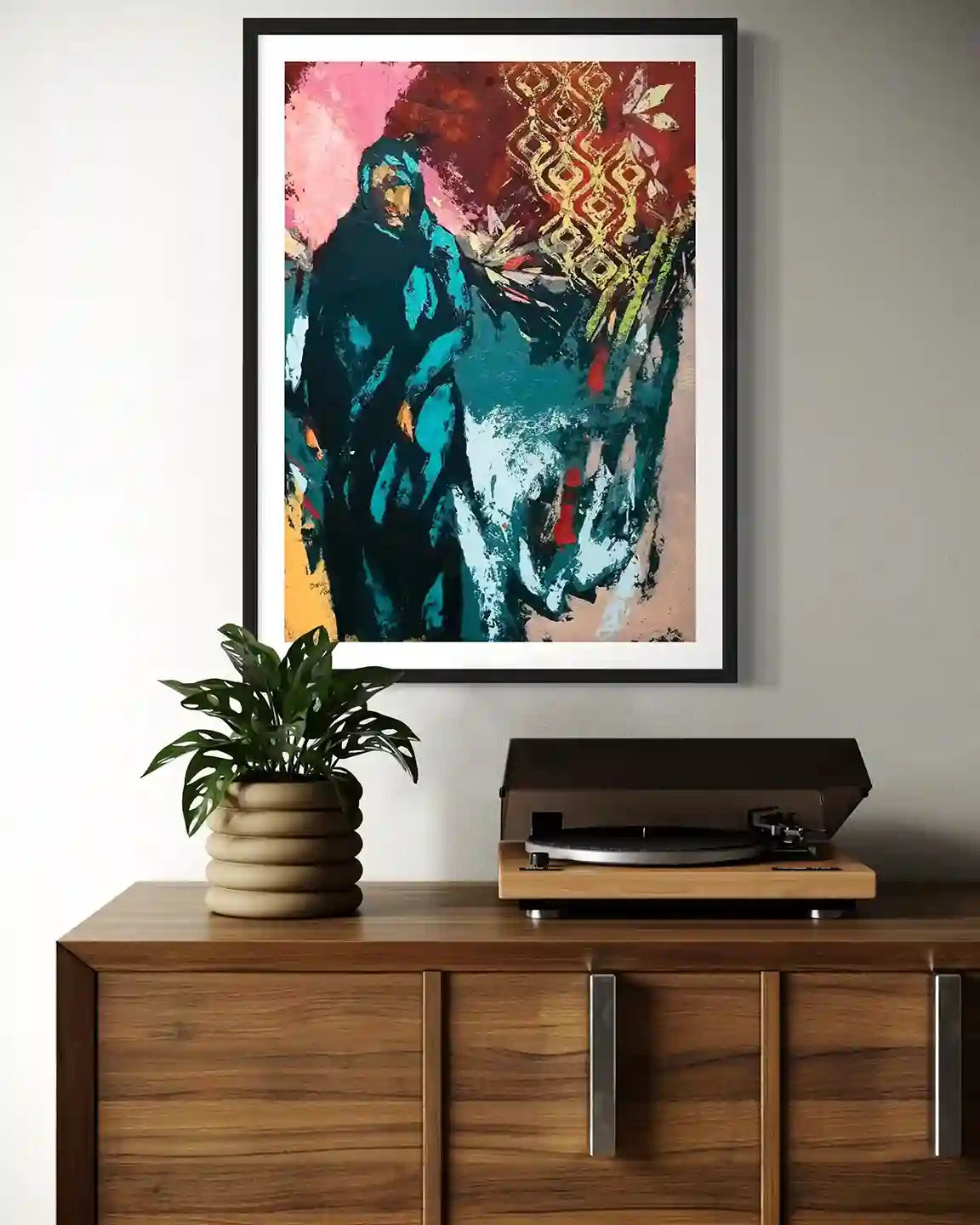 On The Way Back 6 art print by Bakri Moaz in black frame displayed above wooden credenza with plant and record player
