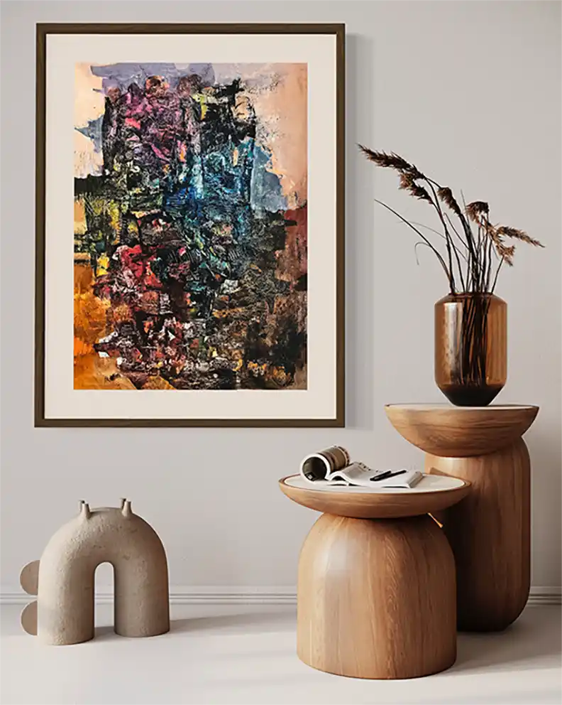 The Owner of Gemstones by Samir Shareef framed abstract art - acrylic painting displayed in warm modern interior setting