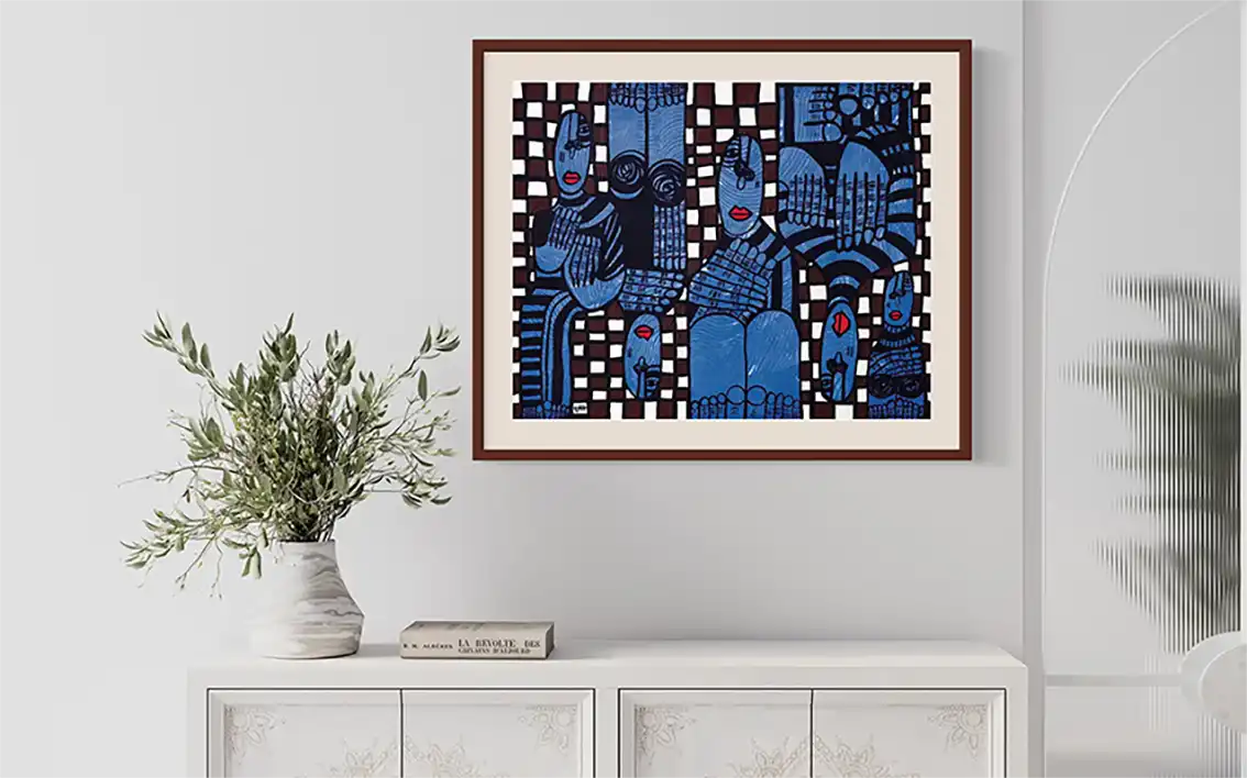 "Password Required" by Usra Hamza art print in wooden frame on white wall above modern console table with plant decor