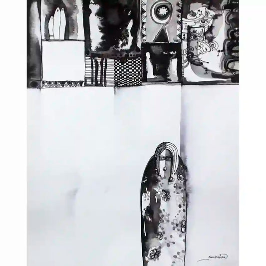 "Patterned Solitude" art print by Abushariaa Ahmed showing veiled figure below intricate black and white pattern collage