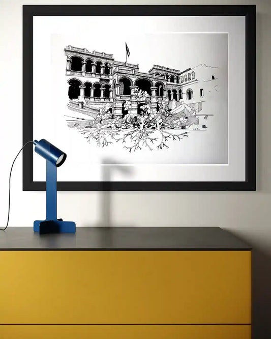 The People's Palace by Obada Gabir framed ink painting mockup on wall above desk - Khartoum presidential palace artwork