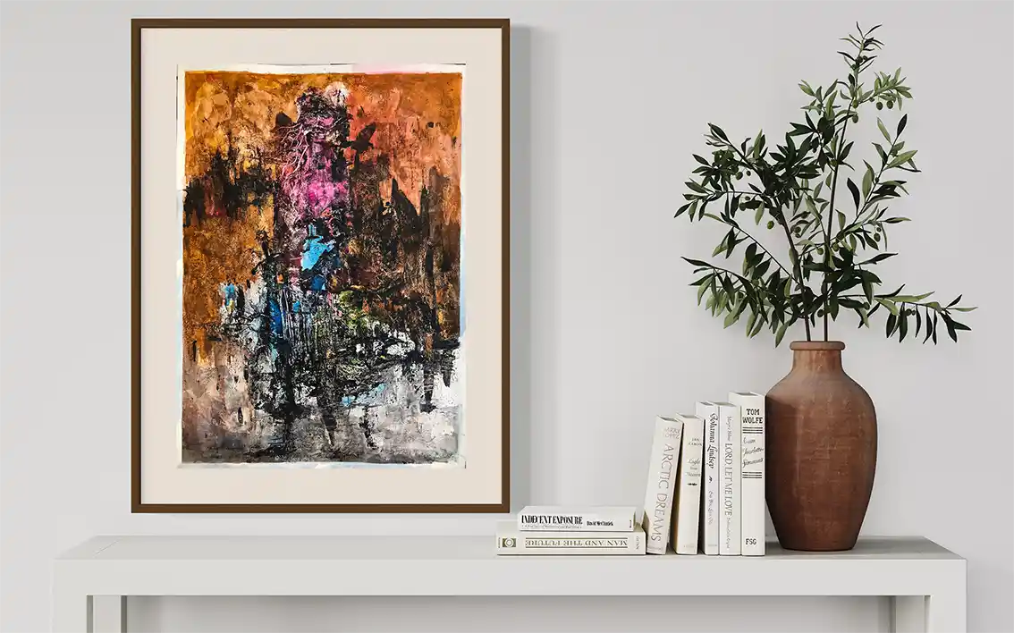 Pirate by Samir Shareef framed abstract art - acrylic painting displayed in serene interior with terracotta vase and books