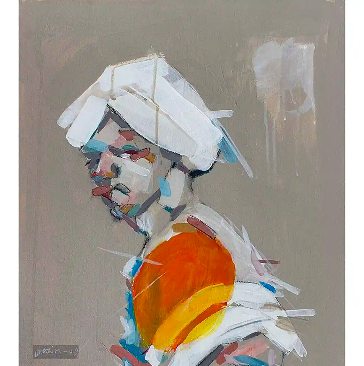 Portrait in White Turban art print by Hazim Alhussain showing expressive painting of Sudanese man in traditional headwear