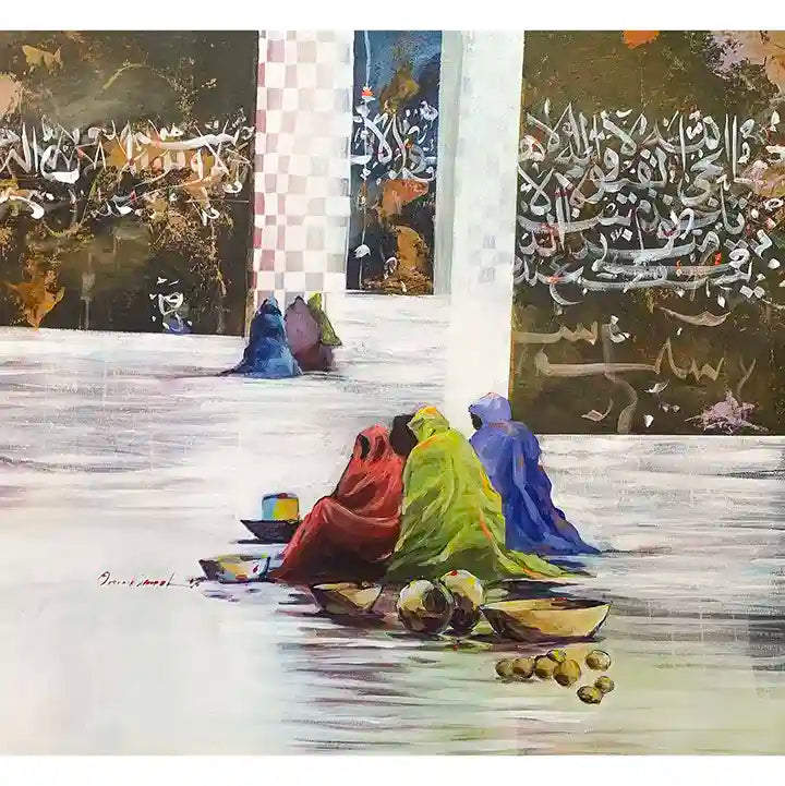 Rainbow Poetry art print by Omer Kamal - acrylic painting of three women in colorful robes with Arabic calligraphy background
