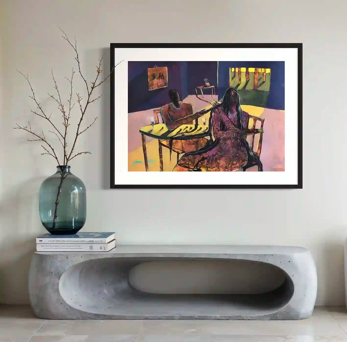 Framed art print "Red Pearls" by Yasmeen Abdullah displayed on modern concrete console with glass vase interior mockup