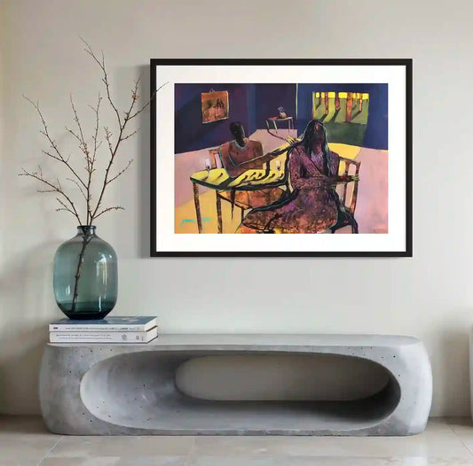Framed art print "Red Pearls" by Yasmeen Abdullah displayed on modern concrete console with glass vase interior mockup