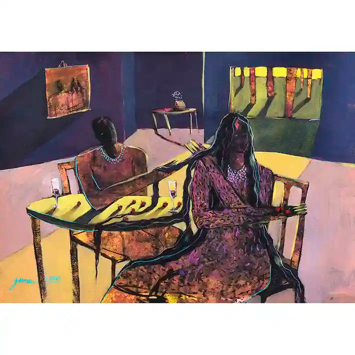 Contemporary art print "Red Pearls" by Yasmeen Abdullah showing two figures in colorful interior with purple and yellow tones