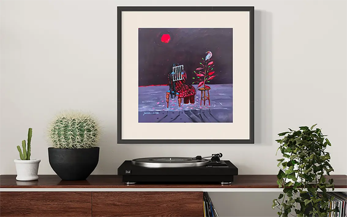 Original acrylic Red Sun by Yasmeen Abdullah framed and displayed above credenza with record player and plants in interior
