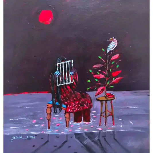 Red Sun acrylic painting by Yasmeen Abdullah featuring figure behind grill sitting beside bird on plant under red sun